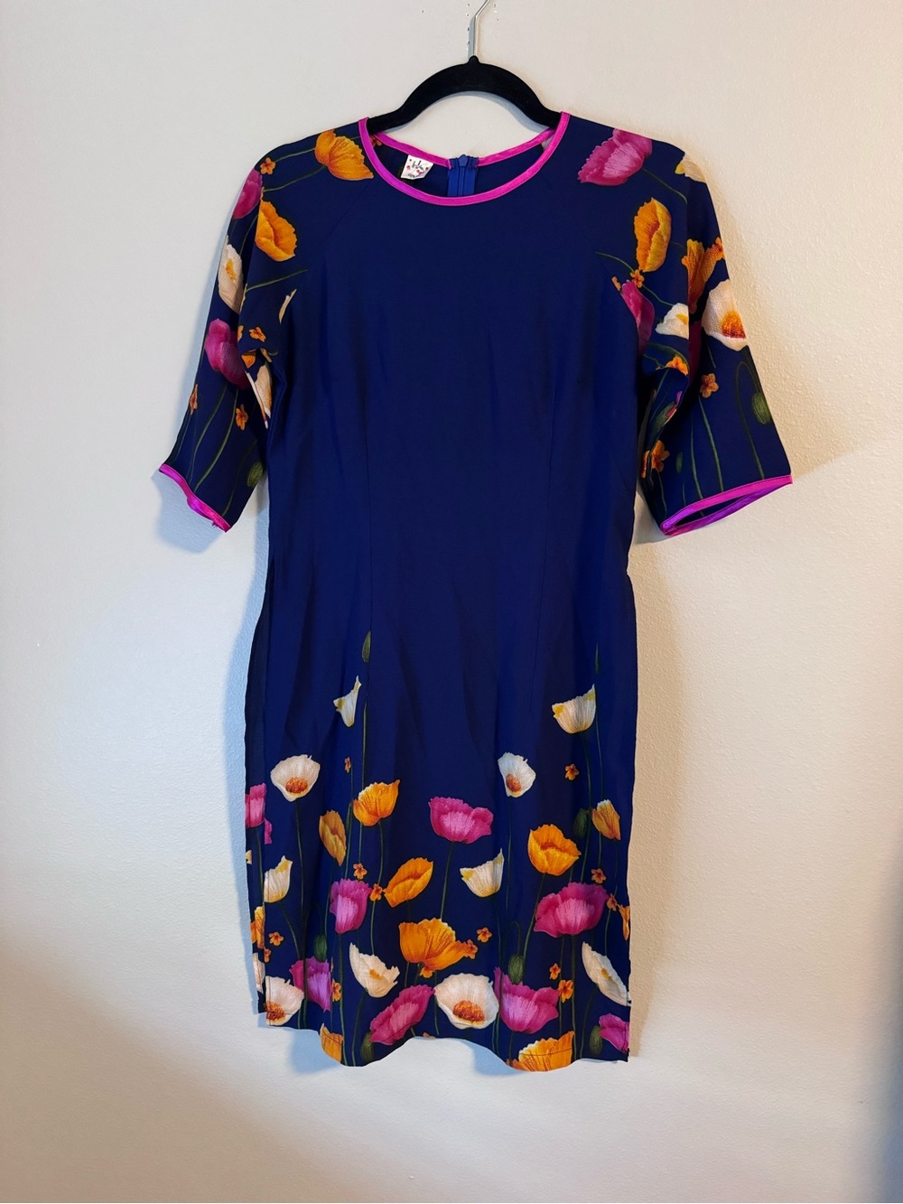 100% Silk Navy Floral Dress with Poppy Print and Pink Trim